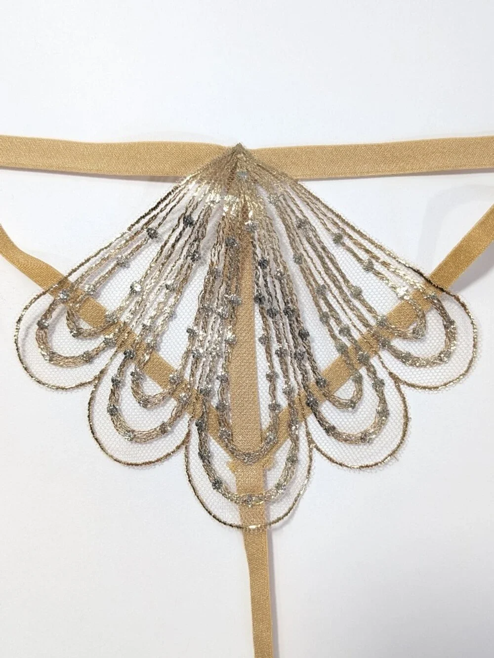 Victoria's Secret Very Sexy Showgirl V String Thong Large Embroidery Panty gold
